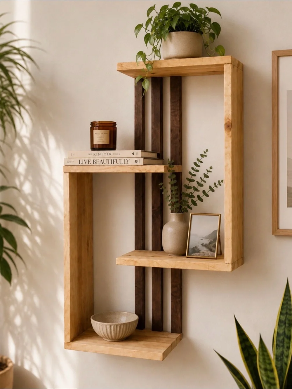 Wooden Zigzag Wall Shelf - Natural Brown